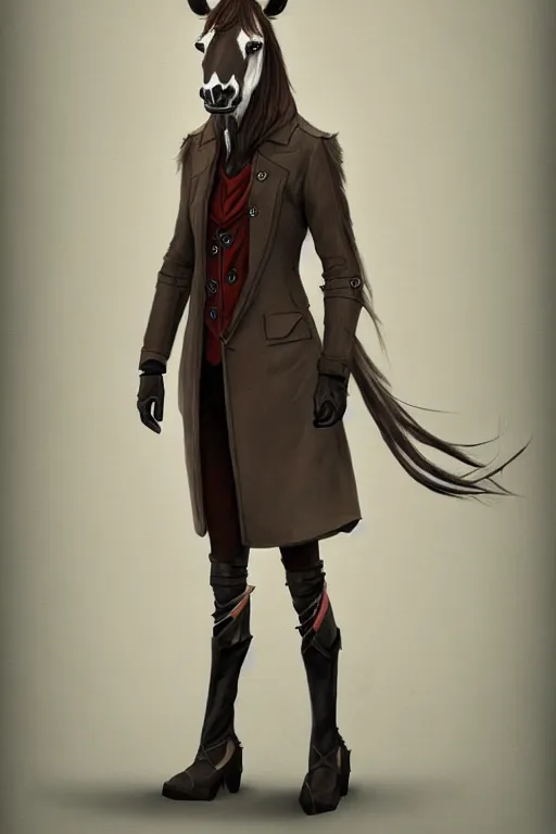 Prompt: concept art of hybrid human and horse wearing coat, anthropomorphic horse wearing a coat and standing on two legs like human, digital art, photo realistic, artstation, highly detailed