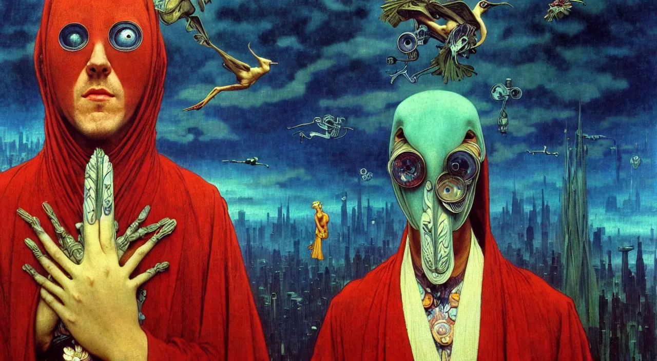 Image similar to realistic detailed portrait movie shot of a birdman wearing dark robes, sci fi city landscape background by denis villeneuve, amano, yves tanguy, alphonse mucha, ernst haeckel, max ernst, roger dean, masterpiece, rich moody colours, blue eyes, occult