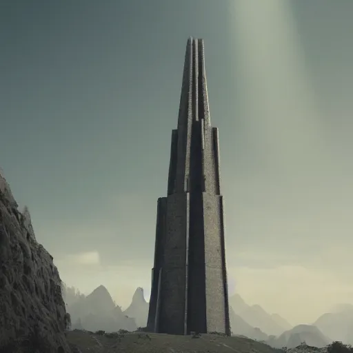 Prompt: a gigantic brutalist ancient tower, a detailed structure with at the top 3 spires in form of a trident, 6 0 0 hundred meters tall set against sunlit, all surrounded by smoke, mountains and a huge old city, vray render 4 k, octane render 8 k, art station, ultra realistic, cinematic composition, style of weta, in the style of ilm