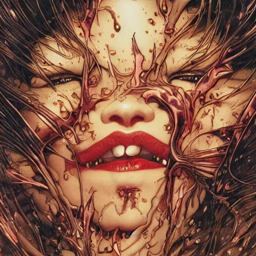 Image similar to closeup of vampire kiss, melting, by yoichi hatakenaka, masamune shirow, josan gonzales and dan mumford, ayami kojima, takato yamamoto, karol bak