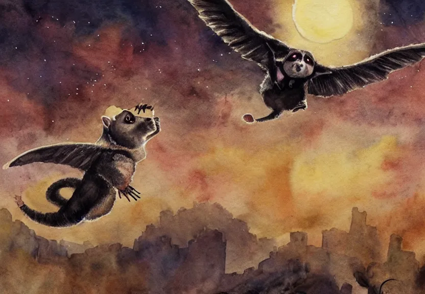 Image similar to Threatening winged possum flying over a medieval castle under a dark starred sky, dark fantasy, watercolor, dreaming illusion, highly detailed, 4k, trending on Artstation, award-winning