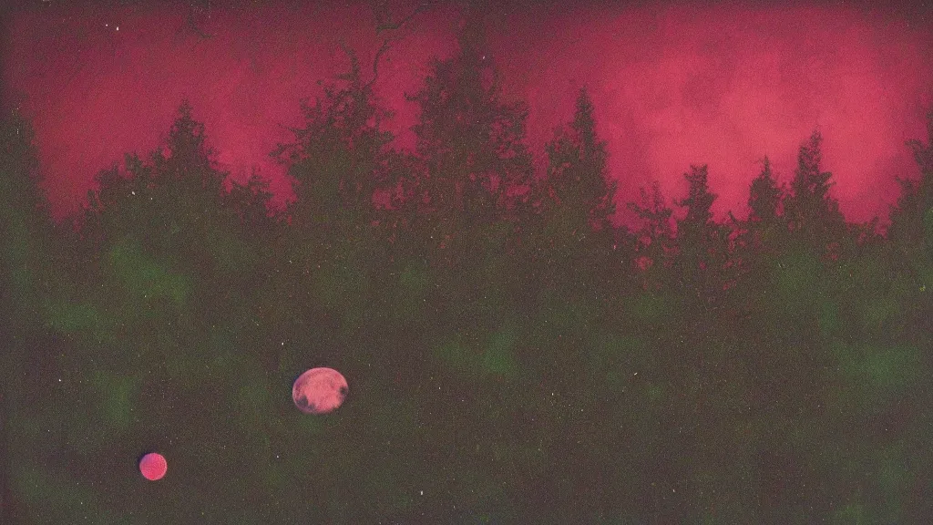 Prompt: (psychedelic) polaroid of a mystical night sky with a perfect huge moon, A glimpse through a small gap in the dark green foliage and overgrowth and the trees of the huge gibbous moon in a dark sky, wreathed in red smoke!!, starlight, night-time, dark enclosed, cozy, quiet forest night scene, spangled