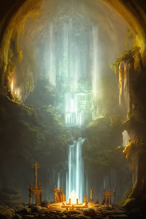 Image similar to Detailed Interior of Monastery Ruins, Waterfall walls, light of god, light shafts, candles, stunning atmosphere, in Style of Peter Mohrbacher, cinematic lighting, masterpiece