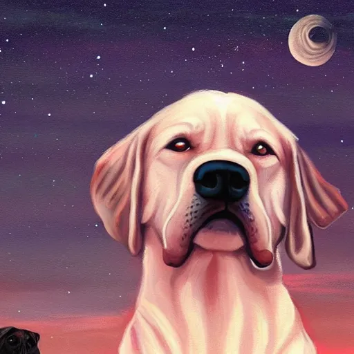 Prompt: A painting of a dog and a cat staring up at the night sky, artstation, cgsociety, 8k