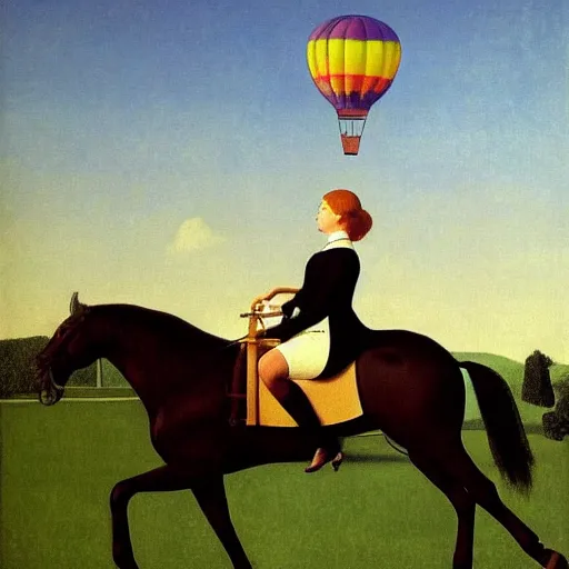 Image similar to a pure lady riding her horse, hot-air-balloon in the background, by Raphael, Hopper, and Rene Magritte. detailed, romantic, enchanting, trending on artstation.