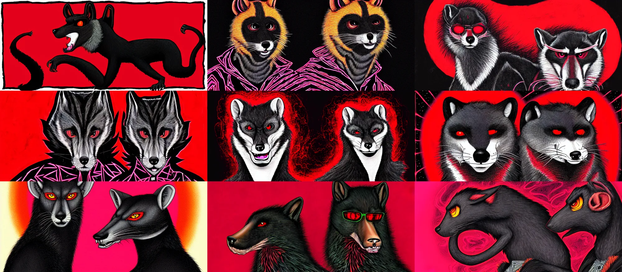 Image similar to handsome weasel fursona portrait, male, red - black, dark psychedelia style, refer to late timothy leary, schizophrenic art. dark and smoky