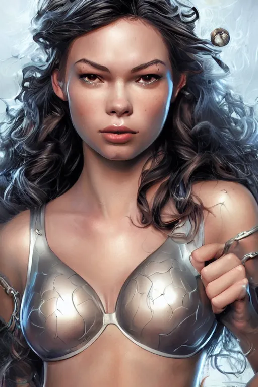Image similar to fantasy comic book style portrait of a gorgeous teen model with ringlets who looks like miranda cosgrove wearing a metal bikini, hyper realistic, illustration, trending on artstation, HD, 4k, 8k, intricate detailed anatomy, character design, by james gurney and tom bagshaw
