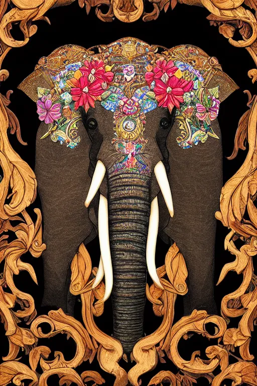 Image similar to Painted dark-wood panel relief carving of a close up of a Flowerpunk Matriarch Elephant, ornate border frame, explosion of colorful flowers, dark wood, intricately carved, black ink, festival of rich colors, intricate details, cinematic lighting, volumetric lighting, post-processing, art nouveau, by andreas rocha and john howe, and Martin Johnson Heade, featured on artstation, featured on behance, golden ratio, hyper detailed, photorealistic, epic composition, center spotlight, f32, well composed, symmetrical, UE5, 8k