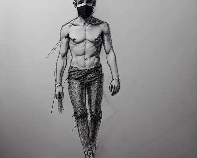 Prompt: draft drawing of a european young man with fabric mask, draft sketch, trending on artstation, context art, pencil sketch, high detail