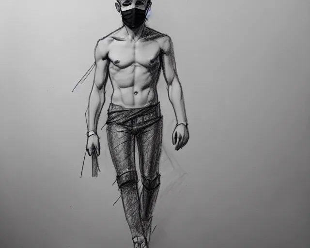 Image similar to draft drawing of a european young man with fabric mask, draft sketch, trending on artstation, context art, pencil sketch, high detail