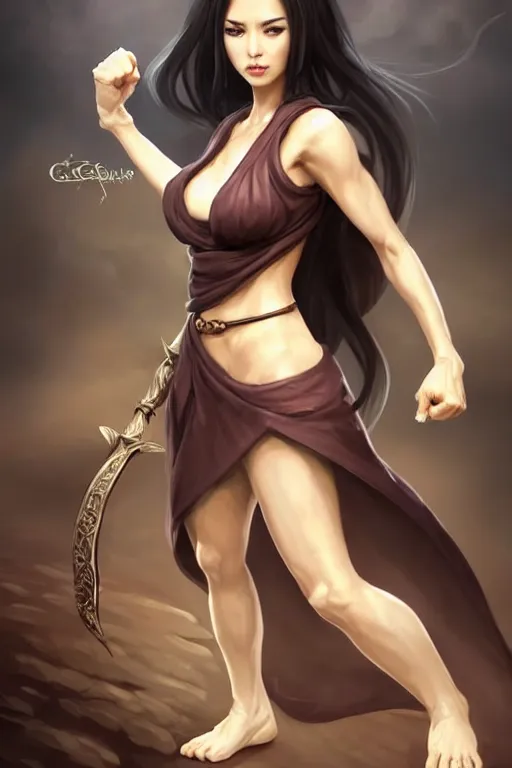 Prompt: a full body portrait of a seductive female monk, D&D, fighting stance, clenched fists, stylish dress, very long flowing dark hair, beautiful bone structure, intricate, elegant, stylish, cute slightly nerdy smile, fantasy, highly detailed, digital painting, artstation, concept art, smooth, sharp focus, illustration, art by artgerm and greg rutkowski and alphonse mucha