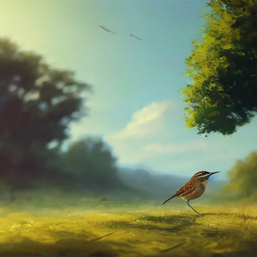 Image similar to closeup of a wren bird in avila, river edge, green fields, summer season, 4 k, midday light, concept art, by wlop, ilya kuvshinov, artgerm, krenz cushart, greg rutkowski, pixiv. cinematic dramatic atmosphere, sharp focus, volumetric lighting, cinematic lighting, studio quality