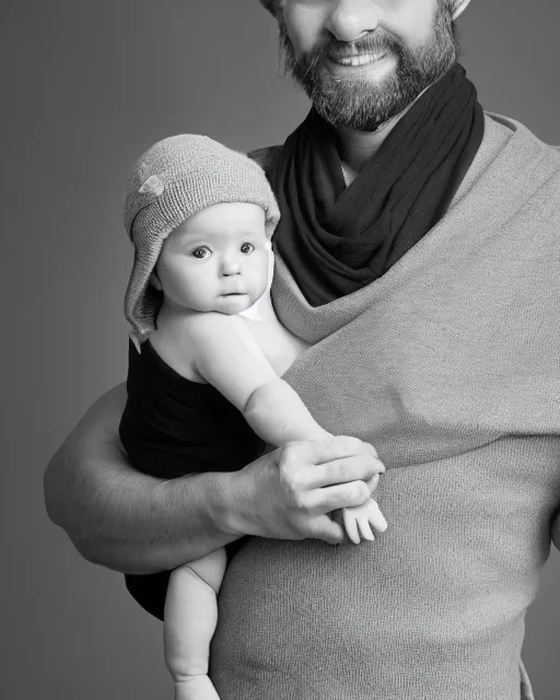 Prompt: gentlemen wearing a hat and wearing a baby sling on the back with a kitten in the sling, studio portrait, golden ratio, backlit, happy, detailed eyes