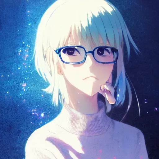 Prompt: anime cute girl in blue sweater white white pale hair black glasses blushing kind standing psychedelic background by greg rutkowski makoto shinkai kyoto animation key art feminine mid shot wlop madhouse, ufotable, comixwave films, trending on artstation