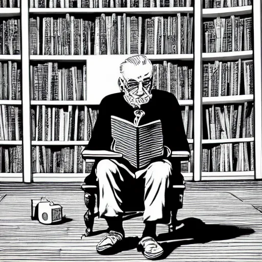 Prompt: detailed details photorealistic 2 d illustration a old man read manga while sitting on his library in the style of alex ross and banksy