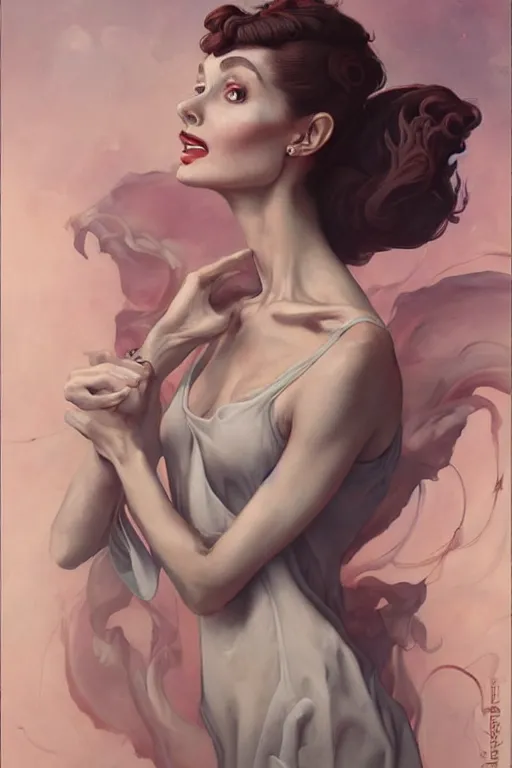 Image similar to Audrey Hepburn by Peter Mohrbacher in the style of Gaston Bussière, Art Nouveau