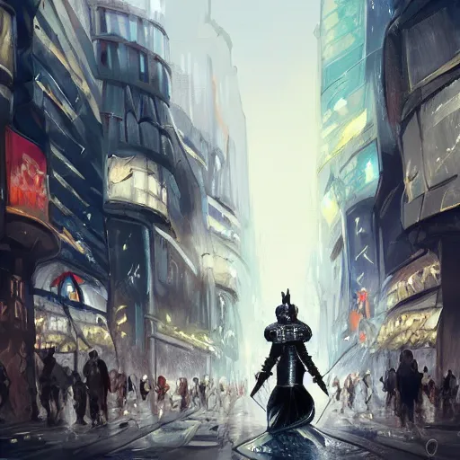 Prompt: a medieval knight lost in shibuya crossing, concept art, digital painting, stylized, trending on artstation