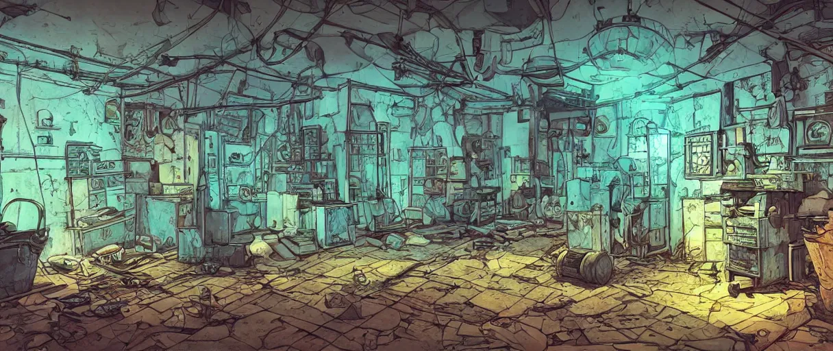 Image similar to abandoned laboroatory from cold war era faded out colors place mosquet painting digital illustration hdr stylized digital illustration video game icon global illumination ray tracing advanced technology that looks like it is from borderlands and by feng zhu and loish and laurie greasley, victo ngai, andreas rocha, john harris