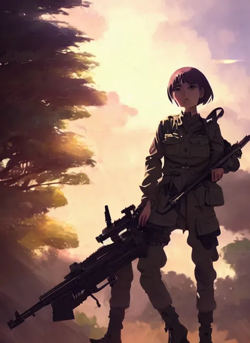 Image similar to portrait of soldier girl killing her enemy, black sky background lush landscape illustration concept art anime key visual trending pixiv fanbox by wlop and greg rutkowski and makoto shinkai and studio ghibli and kyoto animation soldier clothing military gear realistic anatomy mechanized