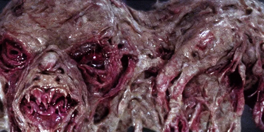 Image similar to filmic close up dutch angle movie still 35mm film color photograph of the snarling distorted human face of a mutated shape shifting organism made of human internal organs, disgusting dissected human tissue with a variety of grotesquely strewn together human and animal limbs, in the style of a horror film The Thing 1982