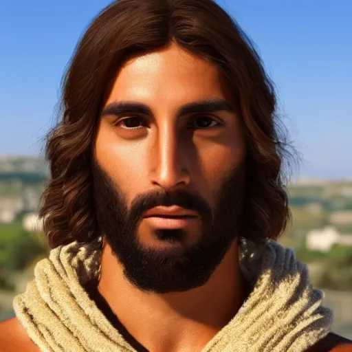 Prompt: Olive skin, Mediterranean man, style of Jesus Christ, Wooly, coarse brown hair, masterpiece, wearing toga. Ultra photo realistic, realism, 4k