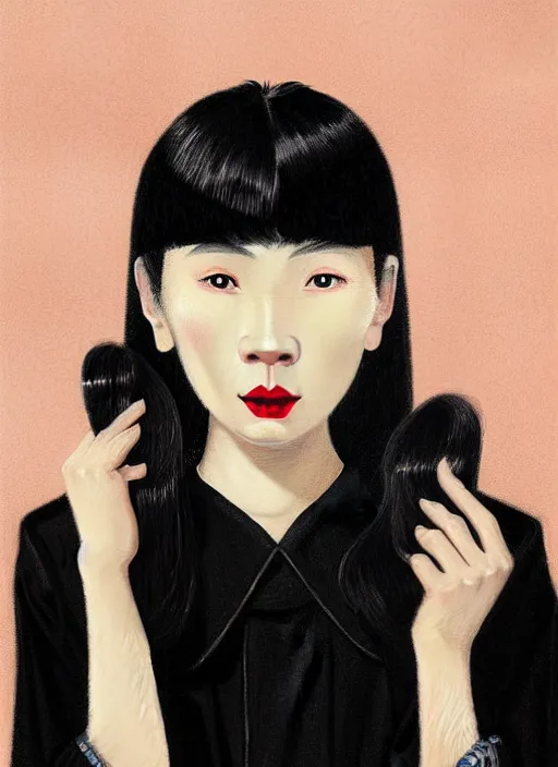 Prompt: portrait of a chinese woman with a crooked nose and a confident expression, 1 9 6 0 s, black clothes, goth, punk, brightly coloured hair, funk, intricate, elegant, highly detailed, digital painting, artstation, concept art, smooth, sharp focus, illustration, art by wlop, mars ravelo and greg rutkowski