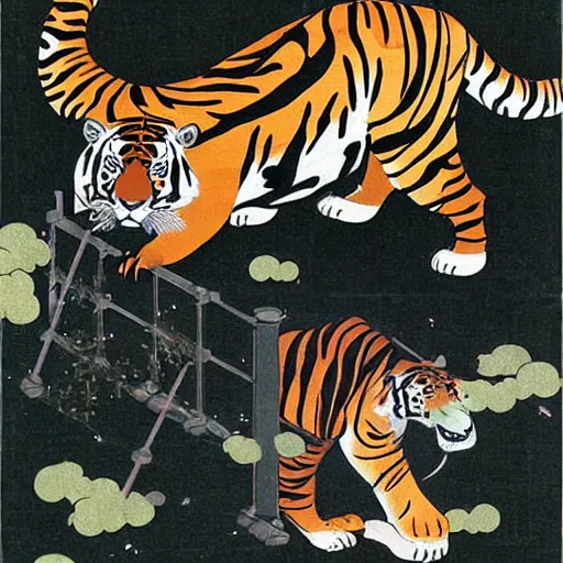 Image similar to a delorean protecting a tiger, japanese magazine collage, art by hsiao - ron cheng and utagawa kunisada