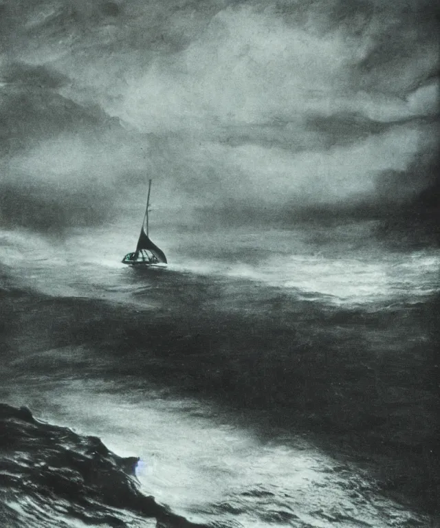 Prompt: color photo of a 1 9 2 5 seiner sailing with the jamaican shoreline with the mouth of a sea cave at the waterline, dark, brooding, atmospheric, seascape, lovecraft, horror, smooth, epic, highly detailed, cinematic, annie lebowitz