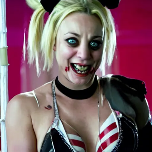 Prompt: A still of Kaley Cuoco as Harley Quinn, pale, creepy grin