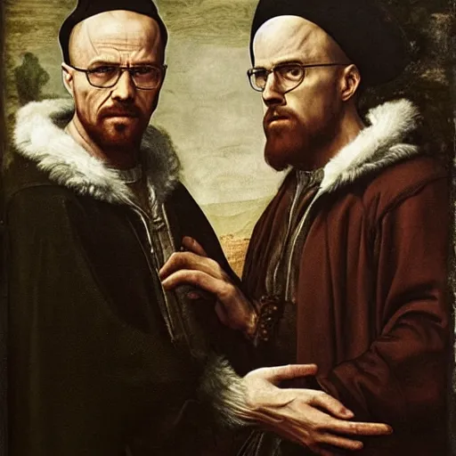 Image similar to renaissance portrait of walter white and jesse pinkman