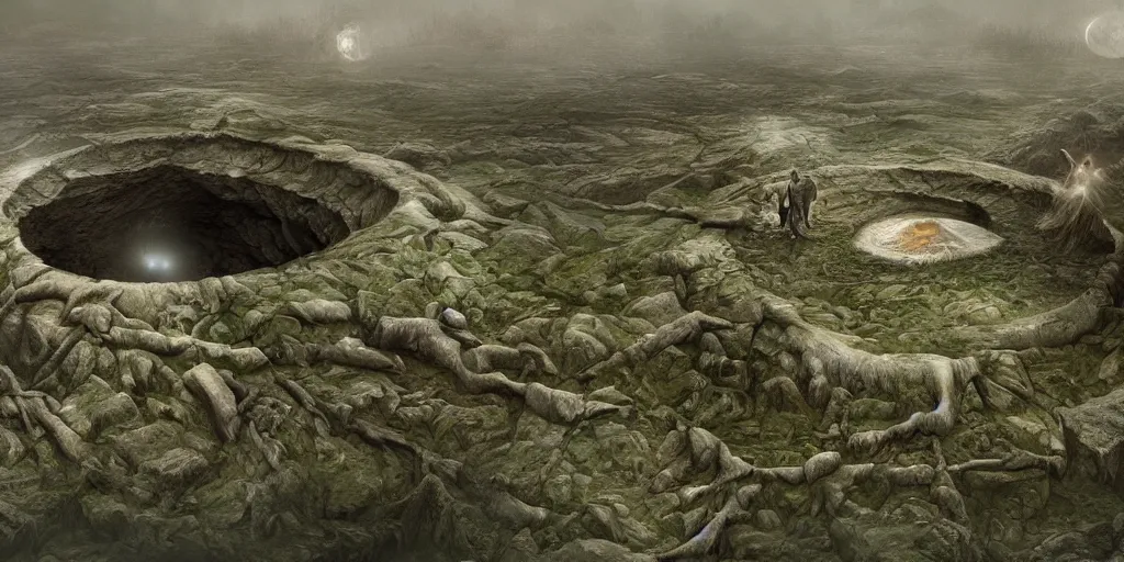 Prompt: photorealistic, the circular hollow earth fantastical landscape with the dreaming god in the middle of it , by Anton Semenov, trending on artstation