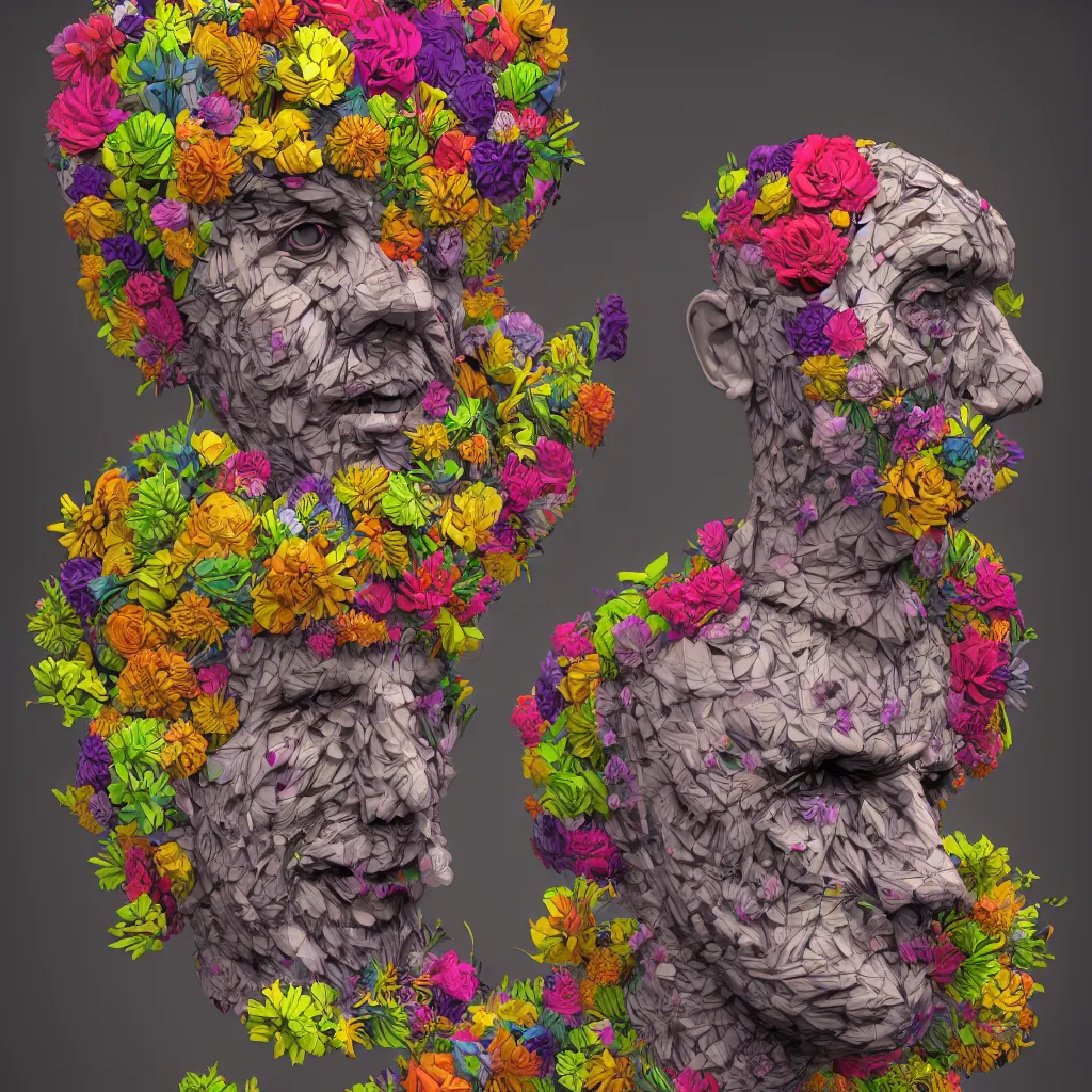 Prompt: a raytraced image of a man with a strange mask on his head, behance contest winner, award winning, masterpiece, pop surrealism, made of flowers, surrealist