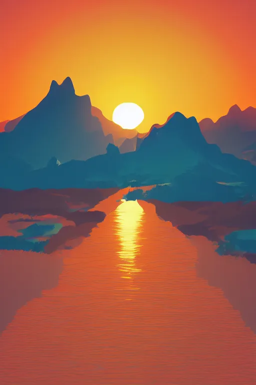 Image similar to sunrise mountain water vector illustration digital art by james gilleard trending on artstation