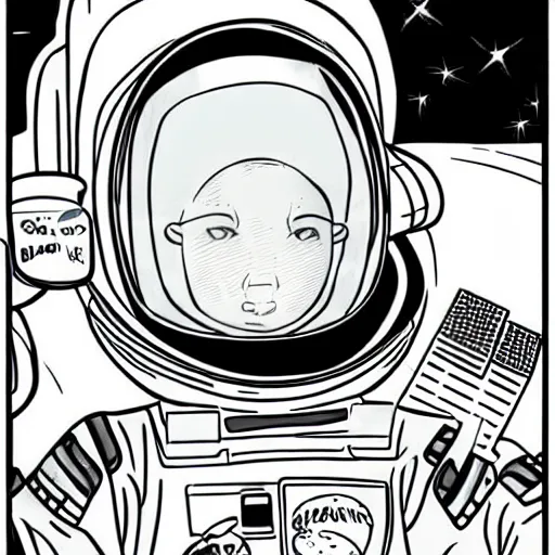 Prompt: an astronaut drinking bubble tea in space, manga style, black and white