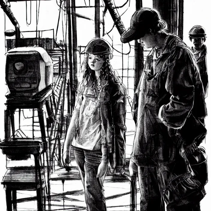 Image similar to sadie sink in dirty workmen clothes waves goodbye to workmen. background : factory, dirty, polluted. technique : black and white pencil and ink. by gabriel hardman, joe alves, chris bonura. cinematic atmosphere, detailed and intricate, perfect anatomy