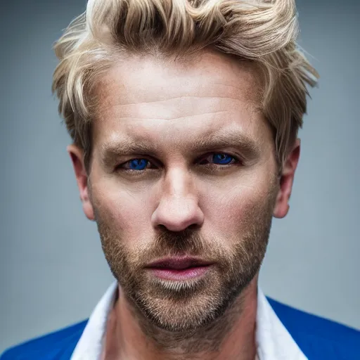 Image similar to close up of face of good looking 4 0 year old blond man with blond stubble, very short wavy blond hair in a short pompadour style, very pale skin, blue eyes, hairy shoulders, hairy chest, color portrait, 4 k