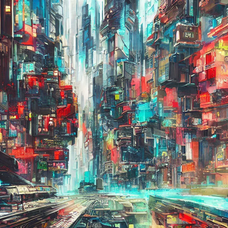 Image similar to Street-art painting or cyberpunk city in style of soviet retro futurism