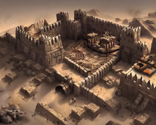 Image similar to the stongest fortress in the world stands in the middle of desert town, a lot of small details, small flags around, magic and sci - fi details, artstation trendings, epic