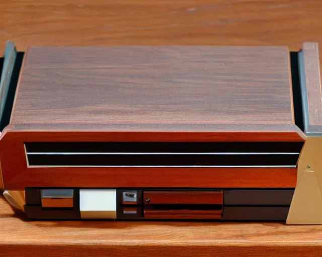 Prompt: video game console from the 1970s, wood panelling