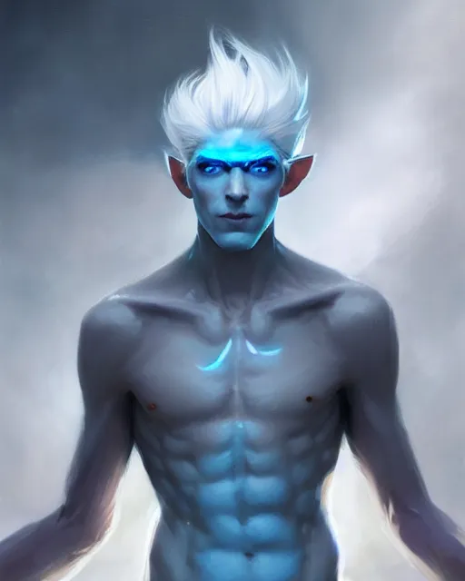 Image similar to character portrait of a slender young half elven man with white hair and white eyebrows, piercing bright blue eyes, and pale bluish skin, by greg rutkowski, mark brookes, jim burns, tom bagshaw, trending on artstation