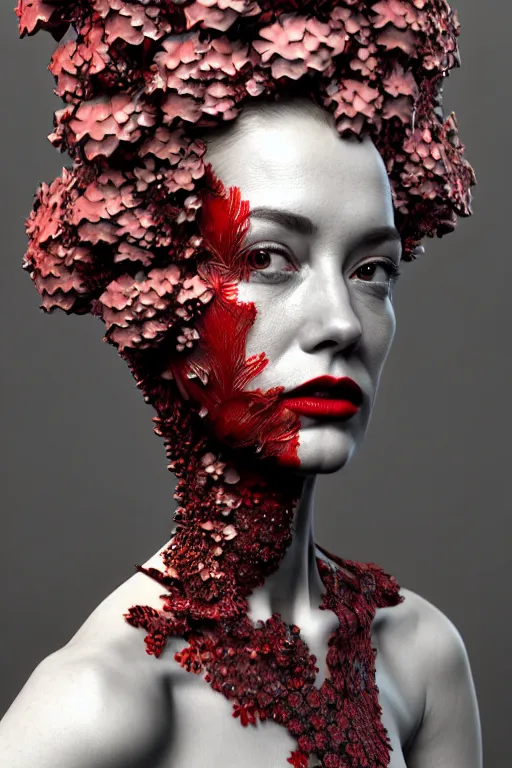 Image similar to complex 3 d render hyper detailed ultrasharp biomechanical female cyborg portrait with a beautiful porcelain profile face, mandelbrot fractal, elegant crown with huge white hydrangea flowers foliage leaves stems roots, red lips, alexander mcqueen haute couture, art nouveau fashion, octane render, 8 k