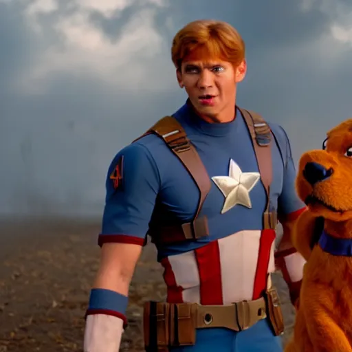 Image similar to Scooby Doo as Captain America, epic, movie still, photorealistic, cinematic, 8k,