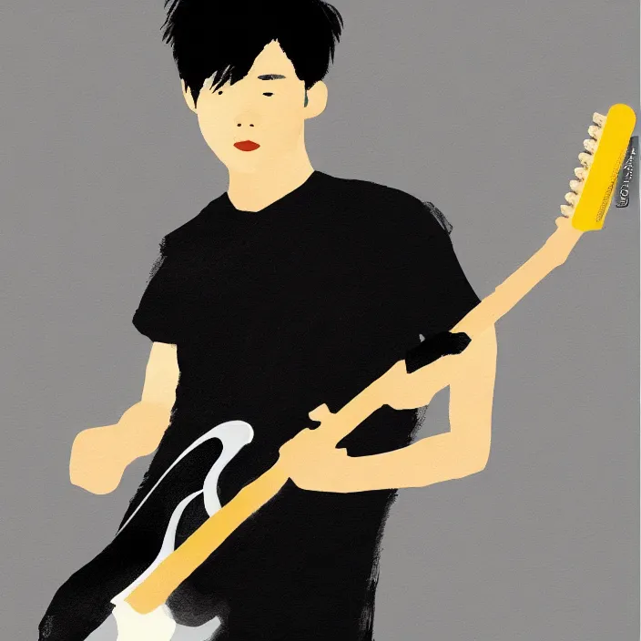 Image similar to minimal brush strokes painting of a young korean man wearing black t shirt holding a telecaster!!! electric guitar!!, dark background, huge dramatic brush strokes, matte colors, abstract, masterpiece, impressionist, trending on artstation