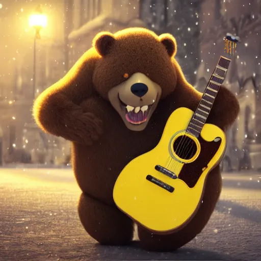 Prompt: smiling brown bear playing yellow Gibson Flying-V guitar in hat in winter at streets of Moscow, sharp focus, fantasy style, octane render, volumetric lighting, 8k high definition, by greg rutkowski, highly detailed, trending on art Station