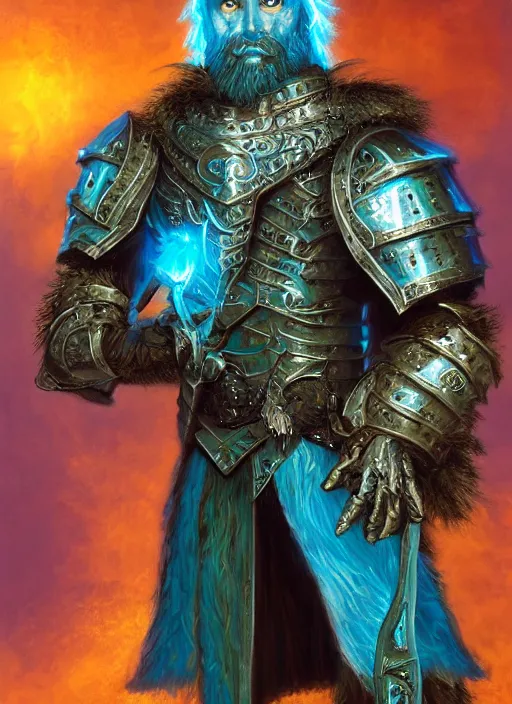 Image similar to A Human Male Paladin, highly detailed face, glowing white eyes, shaggy hair, scruffy brown beard, Teal flames surrounding, medium armor, wings, fantasy, intricate, elegant, highly detailed, digital painting, artstation, concept art, smooth, sharp focus, illustration, art by Larry Elmore and Jeff Easley and Clyde Caldwell