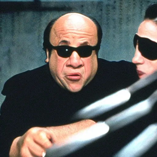 Prompt: Danny DeVito dodging bullets like neo in the matrix