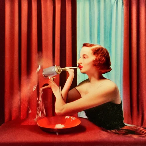 Image similar to color photo on vintage film stock of 1930s model on her hands and knees, lapping up milk from a bowl on the floor of an art deco mansion. There are red curtains in the distance and soft pools of light illuminating her and the surroundings.