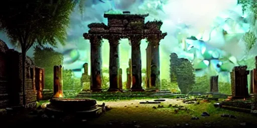 Image similar to beautiful hyperrealistic epic painting of a mysterious intricate cloclwork ruins of the ancient temple, advanced alien technology, a green glowing crystal is inside the temple, by hubert robert and lee madwick and bastien lecouffe deharme, dramatic moonlight lighting
