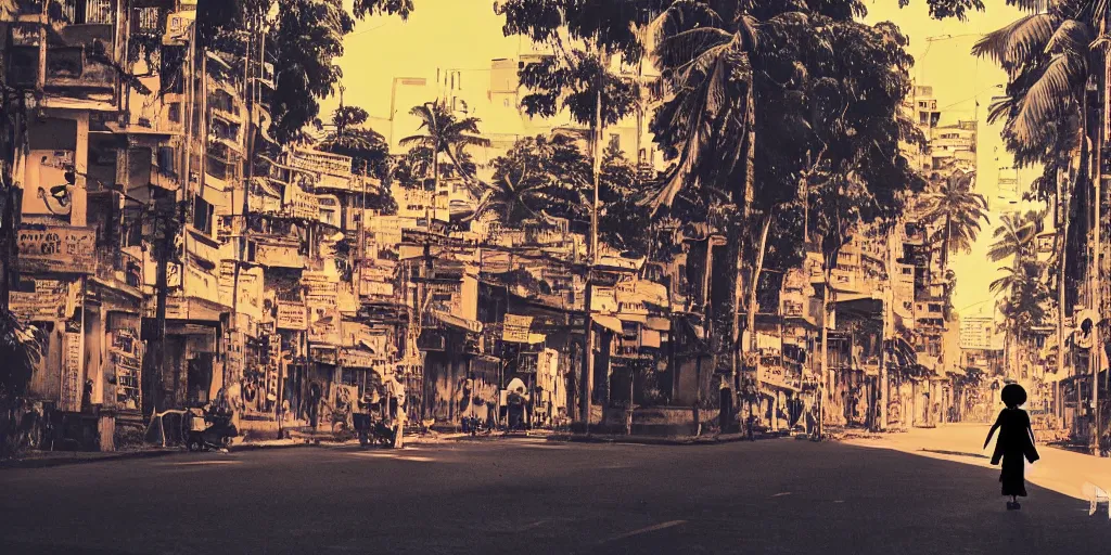 Image similar to colombo sri lankan city street, silhouette of a girl, art by Hayao Miyazaki