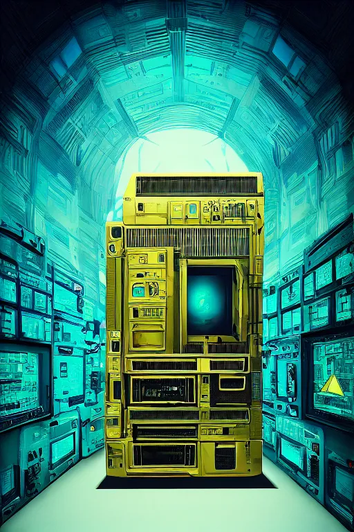 Image similar to Digital concept art, very highly detailed Haker that haking, siting inside the giant very highly detailed computer, by Beeple very highly Detailed by Guy Bourdin and Reka Nyari,on Pentax 67, Kodak Portra 400, soft Cyan Gold light, The Golden Ratio from the distance